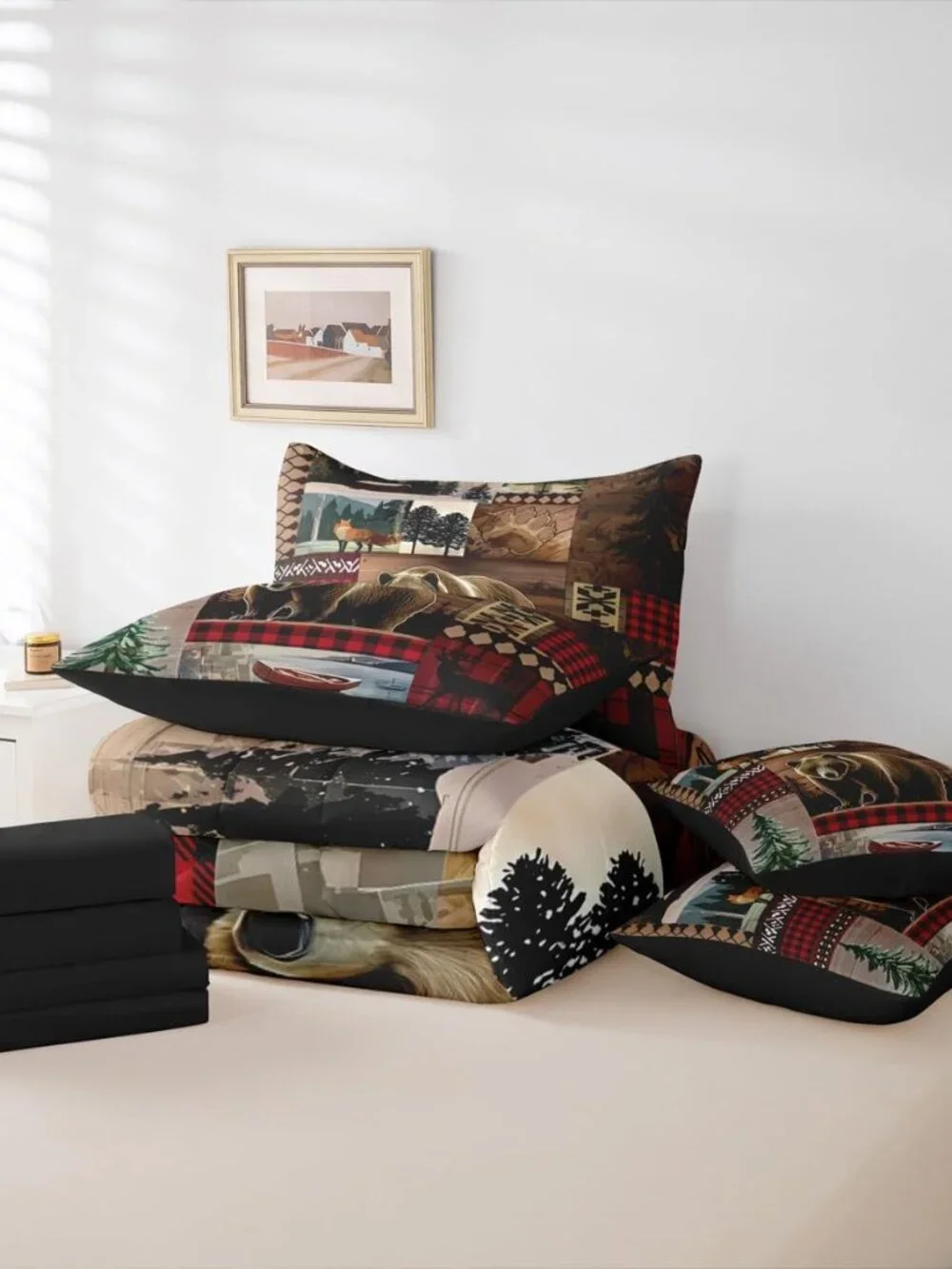 Rustic Cabin Bedding Set 7 Pieces,Hunting Bear King Size Comforter Set with Shee